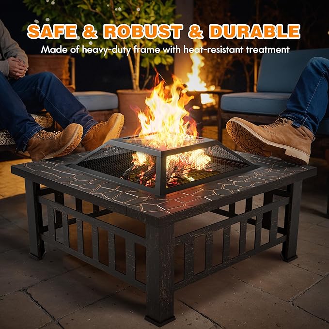 Flamaker Outdoor Fire Pit 32 Inch Firepit Tables Backyard Mutifunctional Square Metal Stove Wood Burning with Cover Poker for Patio, Camping, Bonfire (Copper)