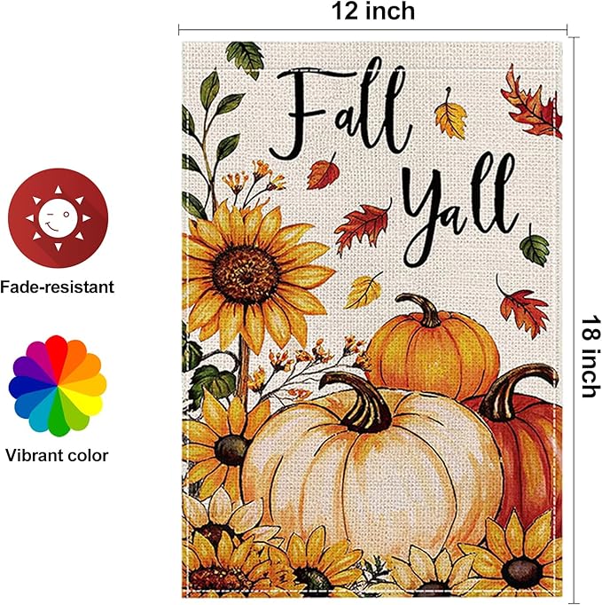 Fall Garden Flag 12 x 18 Inch Double Sided Pumpkin Sunflower Maple Leaves Designs Autumn Burlap Yard Flag for Outside Rustic Yard Outdoor Holiday Home Decoration