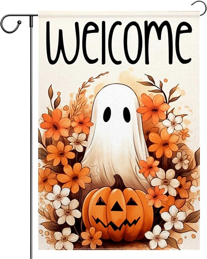 ChloropLastid Halloween Ghost Garden Flag 12x18 Inch Spooky Pumpkin Fall Welcome Holiday Outside Decorations Burlap Yard Flag Double Sided