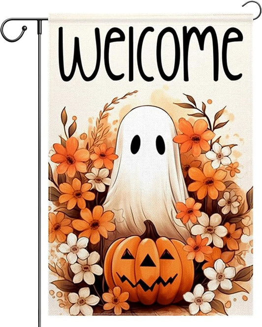 ChloropLastid Halloween Ghost Garden Flag 12x18 Inch Spooky Pumpkin Fall Welcome Holiday Outside Decorations Burlap Yard Flag Double Sided
