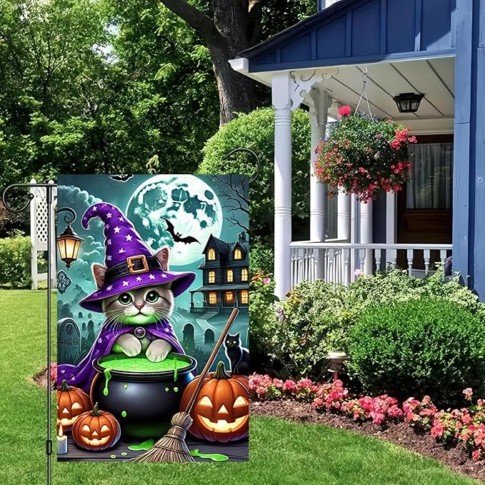 Halloween Garden Flag Double Sided 12x18 Flag Cat Flag Adorable Halloween Cat Garden Flag With Witch Hat And Cauldron Spooky Pumpkin And Haunted House Design For Outdoor Lawn Yard Decor