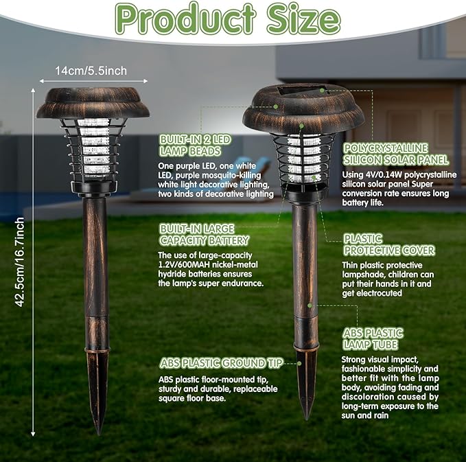 Qualirey 4 Pcs Solar Bug Zapper Waterproof Outdoor Mosquito Zapper Killer and Lighting Repellent Lamp for Indoor Outdoor Use Garden Patio, Purple and White Light(Plastic,Bronze)