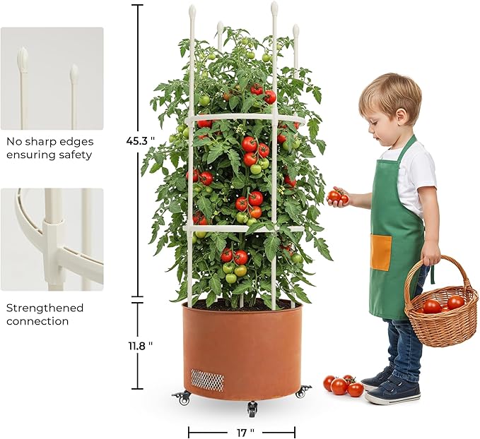 Corten Steel Planter Box with Trellis, 17” Round Patio Gardening Kit (45" Height) - Wheeled Metal Raised Bed for Tomatoes/Vines, Built-in Drainage & Weatherproof Cover