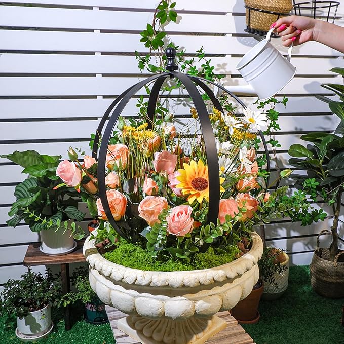 Set of 2 Metal Garden Trellis Obelisks - Durable Black Powder Coated Round Climbing Frames for Plants - Ideal Decorative Support for Flowers & Vines - Ideal for Indoor & Outdoor Gardens