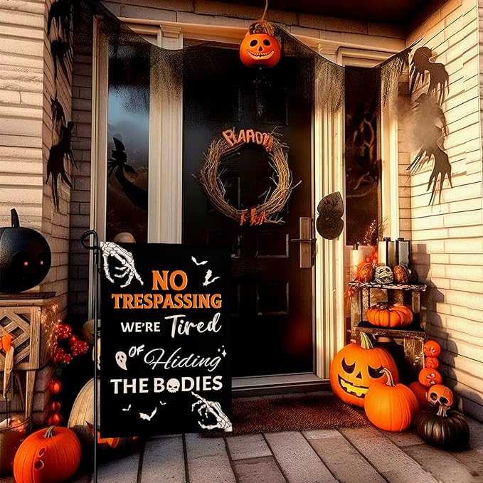 Halloween Garden Flag No Trespassing We're Tired of Hiding the Bodies Yard Flags Skeleton Skull Ghost Bat Burlap Garden Flags for Holiday Outdoor Decor 12x18 Inch Vertical Double Sided