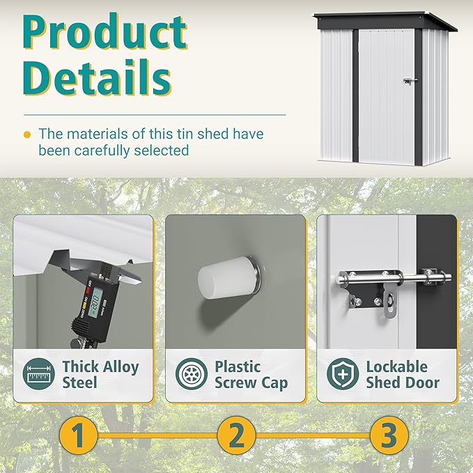 GUNJI 5 x 3 FT Shed Outdoor Storage Shed Metal Garden Shed with Lockable Door Outside Waterproof Tool Shed for Backyard, Patio, Lawn (White)