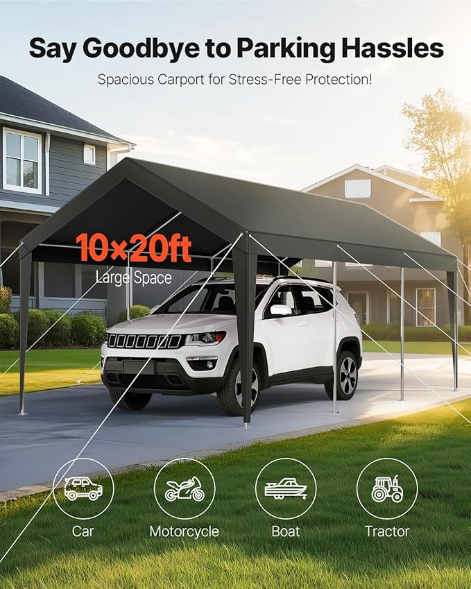 VEVOR Carport, 10 x 20 FT Outdoor Car Canopy, Potable Carport, Heavy Duty Galvanized Car Shelter, UV-Resistant & Water-Resistant, All-Season Protection, Storage Shed for Car Boat Motorcycle Grey