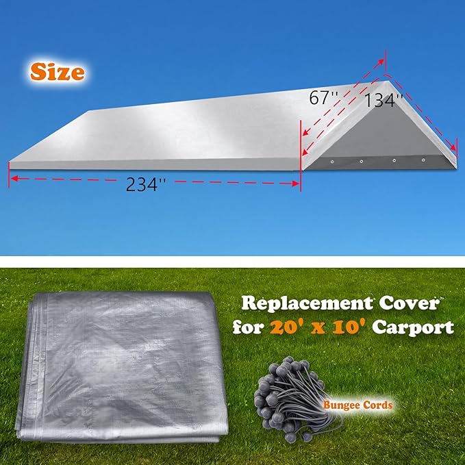 Strong Camel 10'x20' Carport Replacement Canopy for Tent Top Garage Shelter with Ball Bungees (Only Cover, Frame Not Included) (Silver, 10x20)