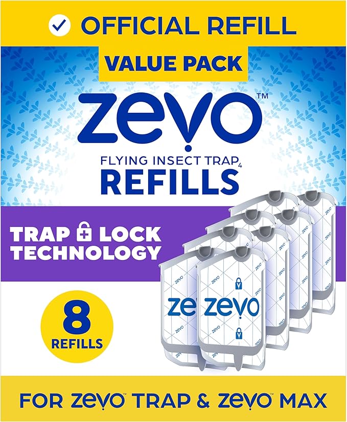 Zevo Flying Insect Trap Refill - for The Zevo MAX & Standard Indoor Fly Trap - Catch Gnats, House & Fruit Flies - Easy to Use - Mess-Free Disposal (8 Refill Cartridges)