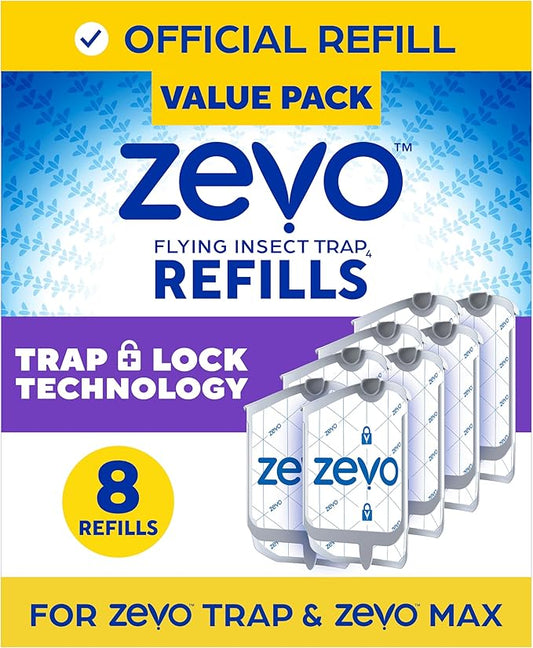 Zevo Flying Insect Trap Refill - for The Zevo MAX & Standard Indoor Fly Trap - Catch Gnats, House & Fruit Flies - Easy to Use - Mess-Free Disposal (8 Refill Cartridges)