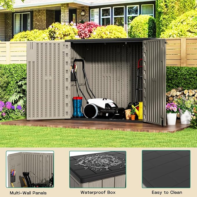 KINYING Outdoor Horizontal Storage Sheds,Outdoor Storage Cabinet Waterproof Resin Tool Storage Box for Lawn Mower,Garden Tools and Patio Furniture, Lockable (Brown)