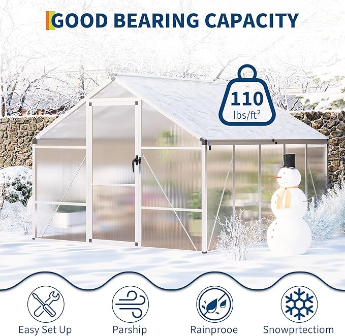 8x10 FT Greenhouse for Outdoors, Polycarbonate Flower Greenhouse with Roof Vent, Push-Pull Lockable Door, Aluminum Walk-in Greenhouses for Outside Garden Backyard, Patio, Lawn, Silver