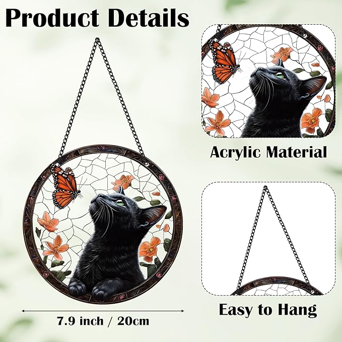 Black Cat Sun Catcher - Black Cat Butterfly Flower Suncatcher Rainbow Maker Stained Acrylic Window Hanging Ornament Indoor Outdoor Decoration Home Garden Decor Chain Pendant Memorial Gifts