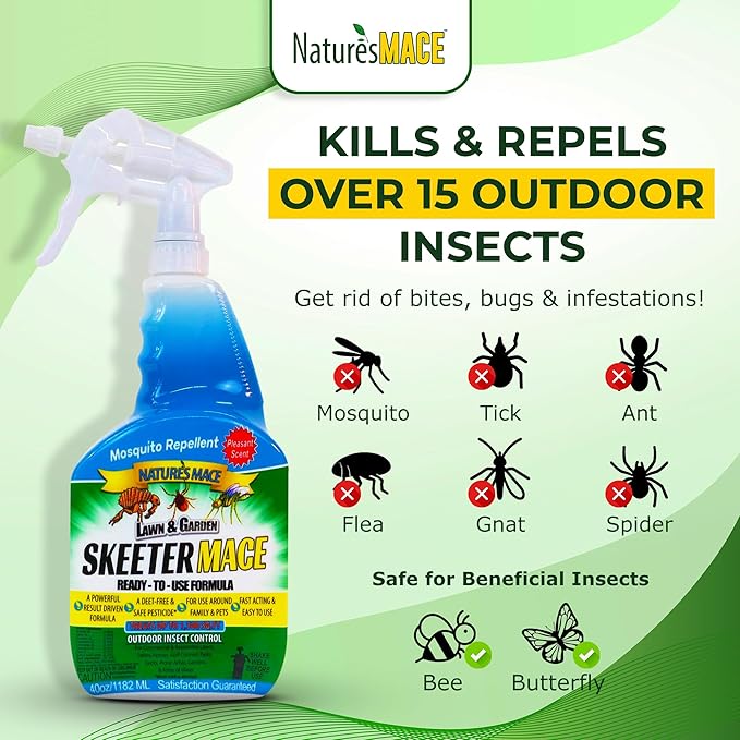 Nature’s MACE Outdoor Pest Repellent Spray – Kills & Repels Multiple Insect Types – Treats Lawns, Shrubs, and Patios – Safe for Family, Pets, and Plants – Essential Oil Formula with Fresh Scent – 40oz