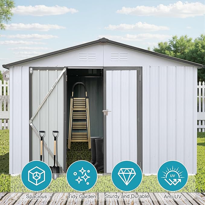 10x12 FT Outdoor Storage Shed, Metal Tool Shed with Lockable Doors & Peaked Roof, Garden Shed with Vented Design for Backyard Garden Patio Lawn, White+Gray