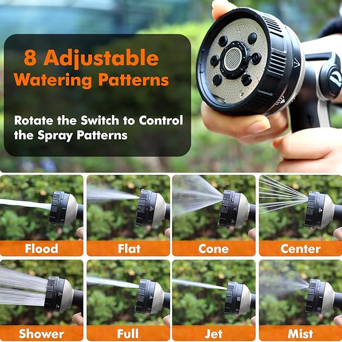 RESTMO Full Shower Hose Nozzle, Metal Spray Nozzle for Garden Hose, 8 Spray Patterns, Water Hose nozzle with Thumb Control, Ideal for Outdoor Lawn & Plant Watering, Car & Pet Washing, Silver