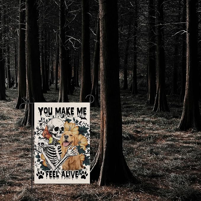 Halloween Garden Flag Skeleton and His Golden Retriever Vertical Double Sided Flags for Holiday Farmhouse Patio Yard Outdoor Party Decor Decorations Gifts - 12.5 x 18 Inch