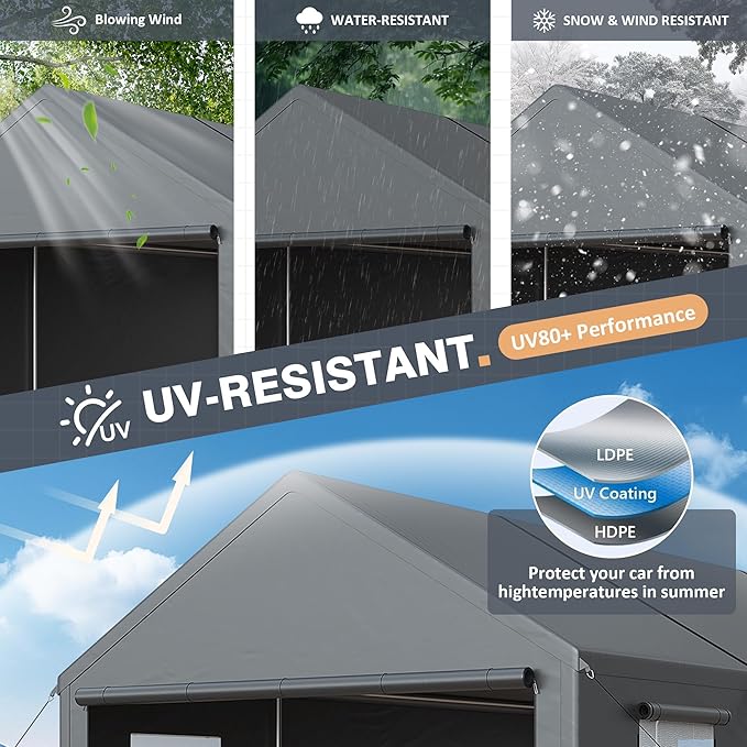 13x25 Ft Carport, Car Ports with 180g PE Tarp, Side-Opening Door & Roll-Up Windows, Carport Canopy, Portable Garage for Car, Truck, Boat, and SUVs,Motorcycle