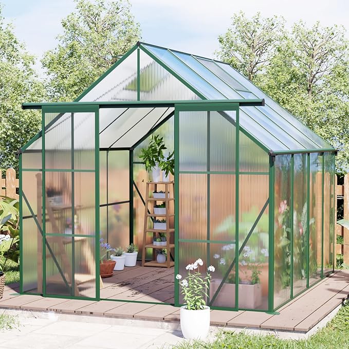KEIKI 8x8 FT Double Door Polycarbonate Greenhouse with Aluminum Frame,Raised Base and Roof Vent,Walk-in Greenhouses for Patio Garden Backyard