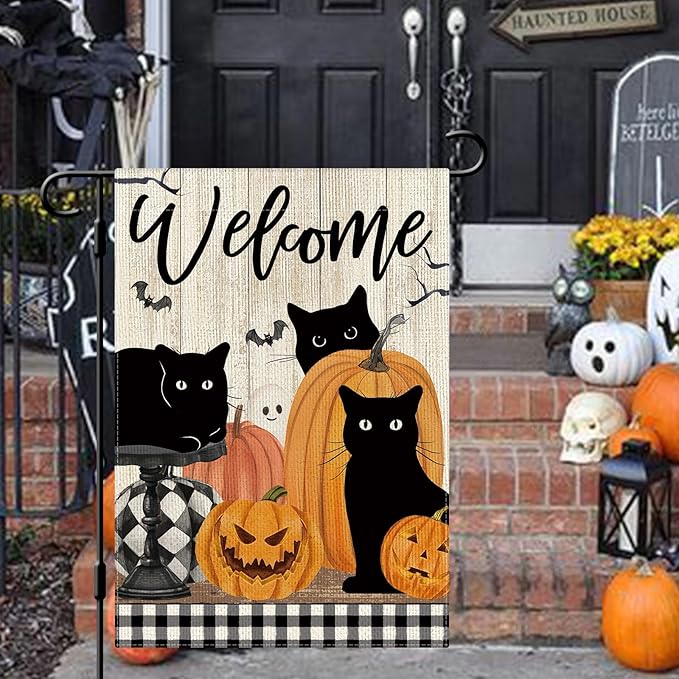 DLZDN Welcome Halloween Cat Garden Flag Black Cat Pumpkins Flag 12×18 Inch Double Side Vertical Burlap Farmhouse Yard Sign Holiday Seasonal Outdoor House Decoration