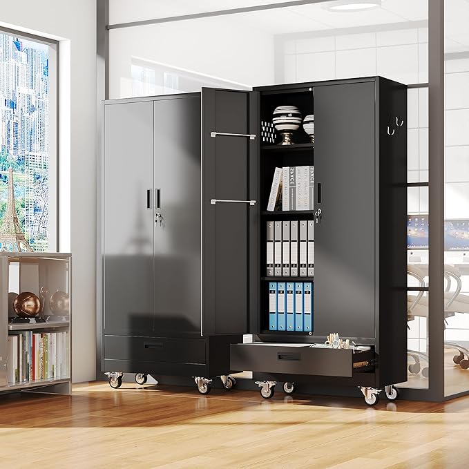 Broom Closet Storage Cabinet with Wheels and Drawer,Garage Storage Cabinet with Magnetic Doors,Pegboard and Adjustable Shelves for Garage Home Office,Required Assembly,Black