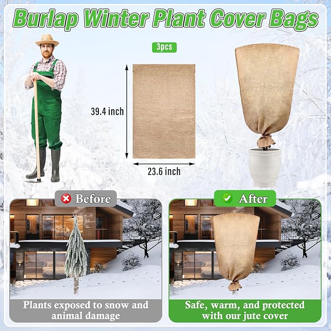 Legigo 3 Pack 24 X 40 Inch Burlap Plant Covers Freeze Protection Bags, Winter Plant Frost Covers with Drawstring, Reusable Tree Covers Burlap Frost Cloths Protection for Outdoor Plants Shrubs Fruit