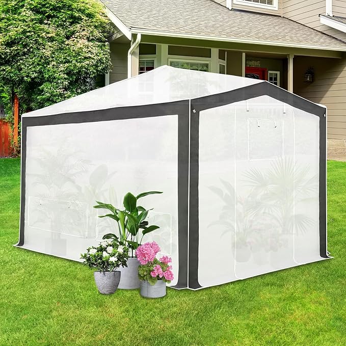 EAGLE PEAK 12x8 Portable Walk in Greenhouse with Polyester Reinforced Corners, Instant Pop up Indoor Outdoor Gardening Green House, Roll Up Zipper Entry Doors and Mesh Windows, Gray/White