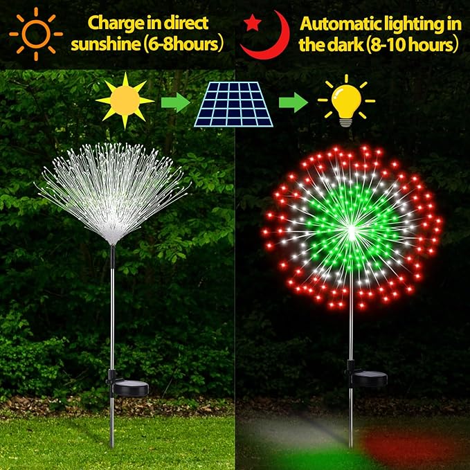 4 Pcs Christmas Solar Firework Stake Lights 180 LED 8 Modes Christmas Solar Lights Waterproof LED Sparkler Lights Outdoor Decoration for Xmas Holiday Garden Patio Yard Pathway Walkway