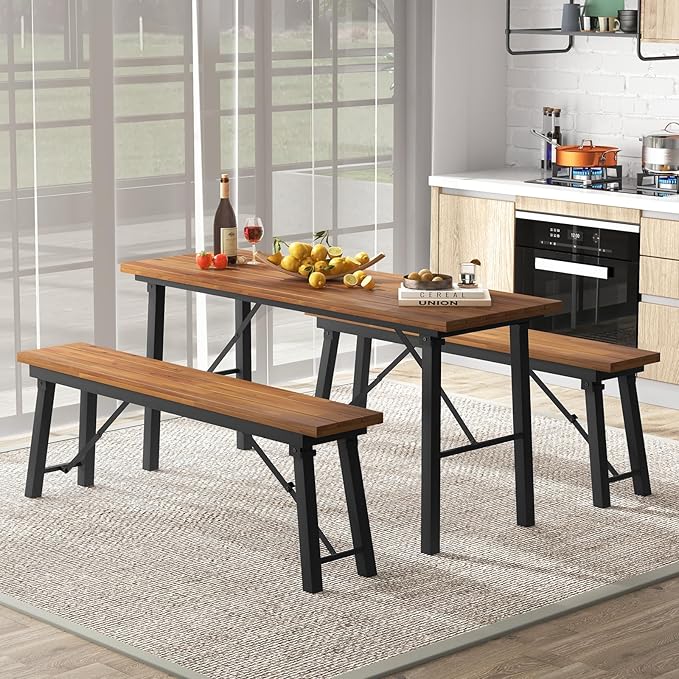 Tangkula Outdoor Dining Table With Benches for 4-6 Persons, No Assembly Foldable 59 Inches Narrow Patio Dining Table with Acacia Wood Top & Heavy Duty Metal Frame, for Yard, Garden, Poolside or Indoor