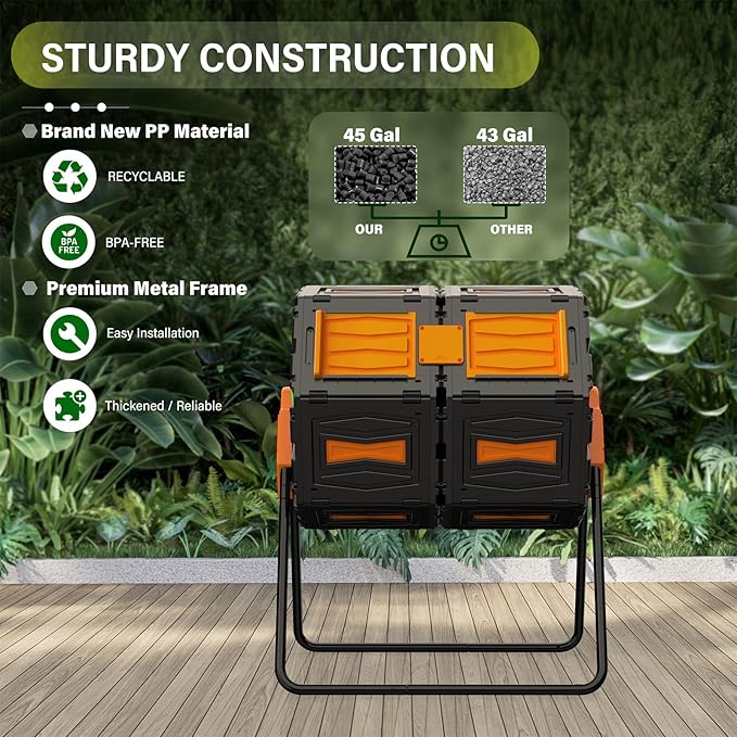 Compost Bin Outdoor, 45 Gallon / 170L Composter Tumbler, 360° Rotating Compost Bin Outdoor, BPA-Free Fast-Working All-Season Heavy-Duty Dual Chamber Compost Tumbler for Garden Kitchen Yard Waste