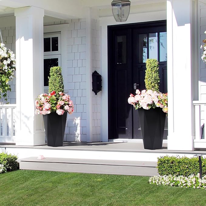 23 Inch Tall Outdoor Planters Set of 2, Self Watering Pots for Indoor Plants with Water Level Monitor & Drainage Hole & Wheels, Large Planter Pots for Garden, Patio, Balcony, Lounge, White