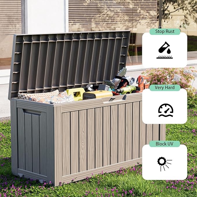 ROJIK Outdoor Storage Housing Deck Box - Waterproof Patio Furniture, Garden Tools, Cushions, Pool Accessories Storage Bench with Lockable Lid and Side Handles (Grey 78 Gal)