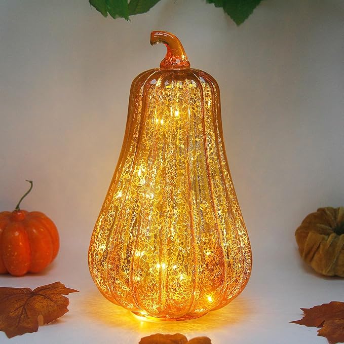 Mercury Glass Pumpkin Lights with Timer, Battery Operated Led Pumpkin Lights for Halloween Fall,Thanksgiving Rustic Decor (Gold Common, 11")