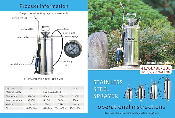CLICIC Stainless Steel Sprayer Professional with Backpack (1.5 Gallon)