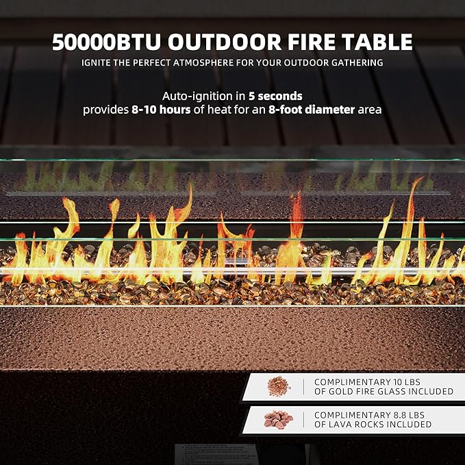 UPHA 42-inch Outdoor Propane Gas Fire Pit Table 50000 BTU Iron Rectangle Firepit for Outside Patio with Tank Hidden Table, Wind Guard, Removable Lid, Gold Glass Rocks, Rain Cover, Brown