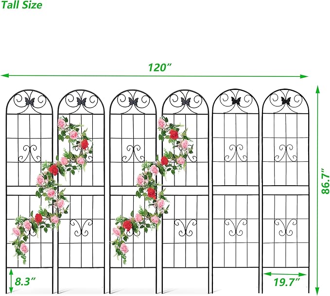 6 Pack Metal Garden Trellis 87" Tall for Climbing Plants Garden Fence Rustproof Outdoor Trellis Support Roses Flower Lawn, Black 7.2FT