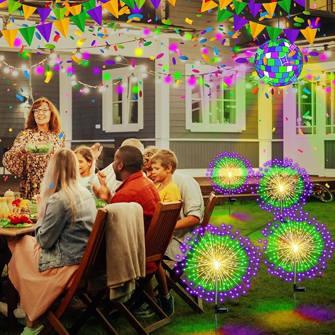4 Pack Solar Firework Lights Decorations Garden Pathway Solar Power Light Stake Waterproof Landscape Lamp with 180 LED 8 Modes for Christmas 4th of July Party Decoration(Green, Yellow, Purple)