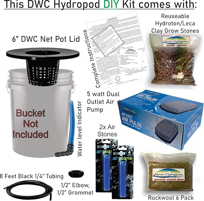 The Atwater HydroPod - DIY Add Your Own Bucket KIT - DWC Deep Water Culture Hydroponic Garden System - Bubble Bucket - No Nutrients, No pH Version - Bucket Not Included Save $$