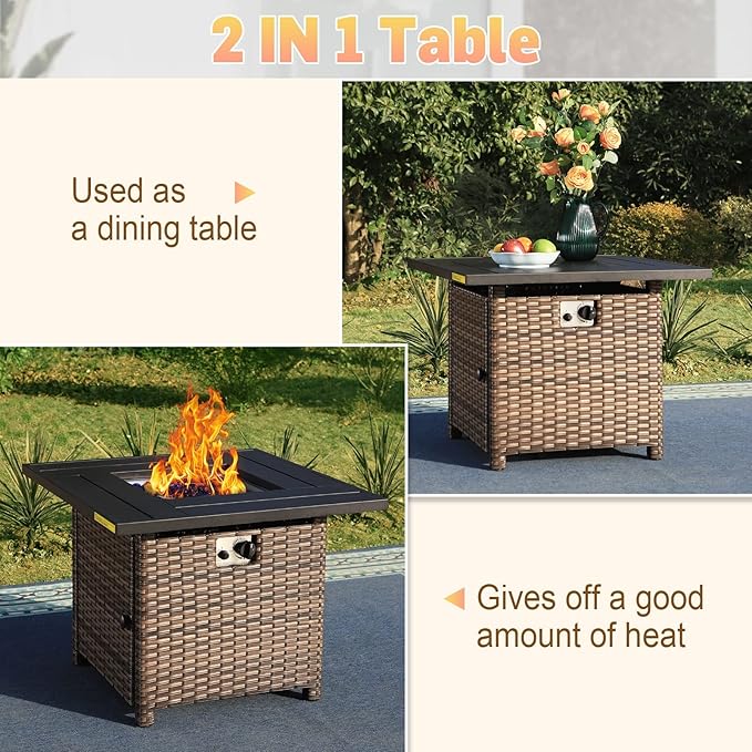 Sophia & William 32 Inch Gas Fire Pit Table Outdoor Rattan Propane Fire Table & Fireplace with Fire Glass, Lid, 50,000 BTU Firepits for Outside Patio