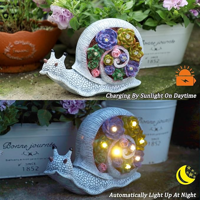 FORUP Snail Garden Statue, Resin Snail Figurine Garden Lawn Ornaments with Solar LED Lights for Outdoor Yard Garden Decorations