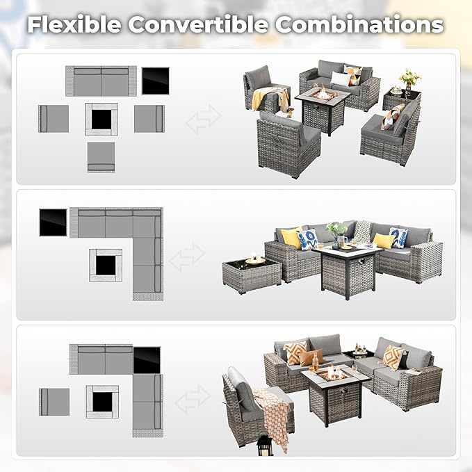 ovios 7 Pieces Patio Furniture Set, Outdoor Wicker Sectional Sofa with 30 Inch Fire Pit Table Comfy Cushions, Modern Modular Deep Seat Rattan Couch Conversation Set, Dark Grey