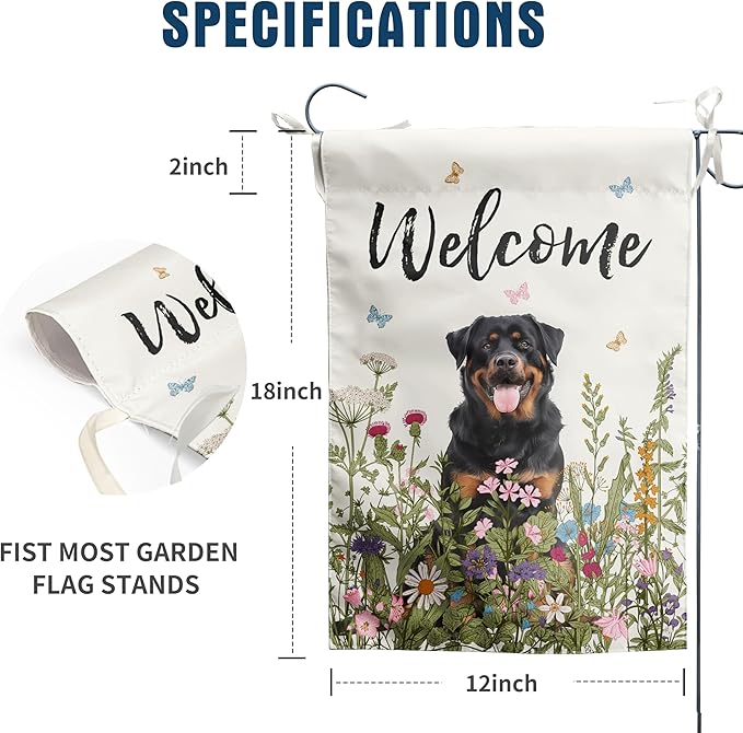 Spring Summer Garden Flag Floral Rottweiler Yard Flag Flower Dog Garden Flags for Outside Small Outdoor Welcome Flags 12x18 Double Sided