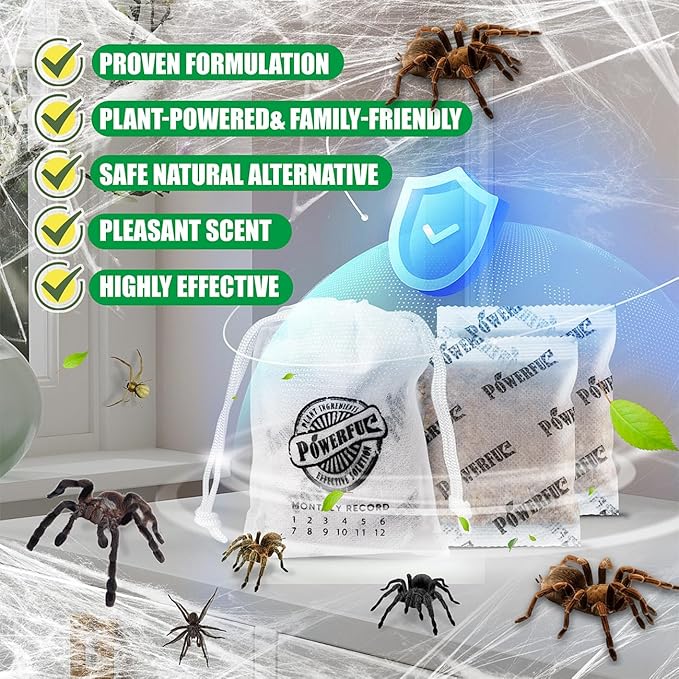 12 Pack Long-Lasting Spider Repellent Pouches - Natural Peppermint & Lemongrass Oil Blend, Indoor/Outdoor Pest Control for Closets, Attics, Garages, RVs (60 Day Protection)