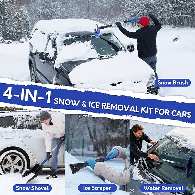 TONDA Snow Brush and Ice Scraper for Car Windshield, 180° Rotating Brush with Squeegee, Extendable Handle with Foam Grip, Snow Shovel for Cars, Trucks & SUVs, Blue