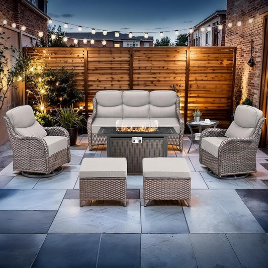 Luxury High Back Outdoor Furniture with 6-inch Extra Thick Cushions, Patio Furniture Set with Fire Pit Table & Swivel Chairs, 7 PCS Wicker Conversation Set for Yard, Deck, Poolside, Brown/Beige