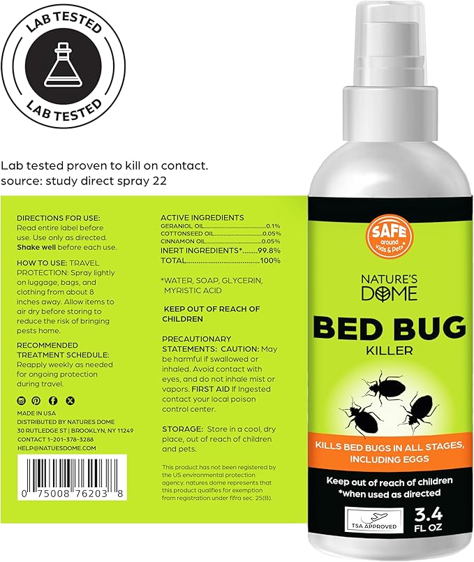 Nature's Dome Bed Bug Spray – 100% Kill Rate, Natural Bed Bug & Mite Killer, Destroys Eggs, Kills Resistant Strains, Long-Lasting Protection, Safe for Home Use (3.4 Fl Oz (Pack of 1))