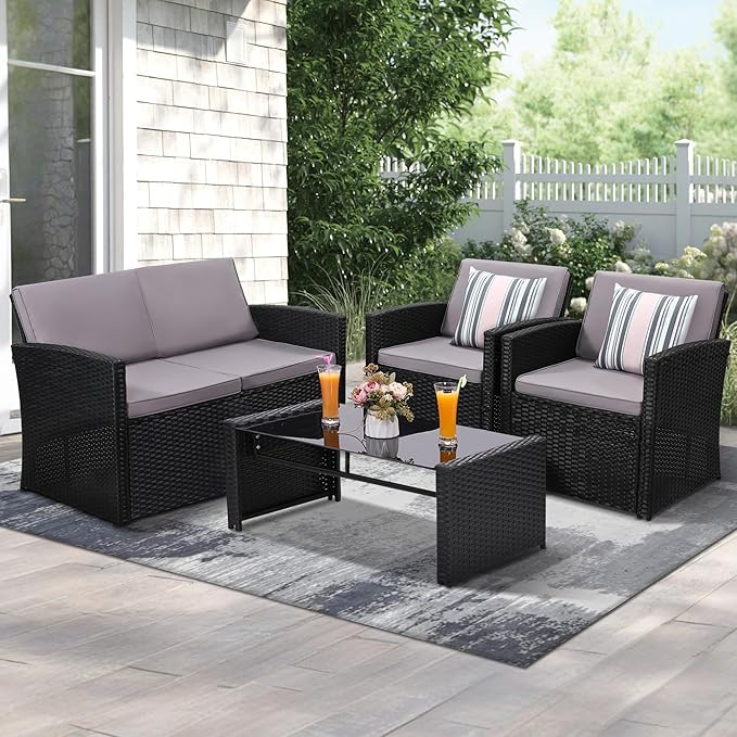4 Pieces Patio Conversation Set, Outside Rattan Sectional Sofa, Cushioned Furniture Set, Wicker Sofa Ideal for Garden, Porch, Backyard, Black Color Rattan and Light Grey Cushion