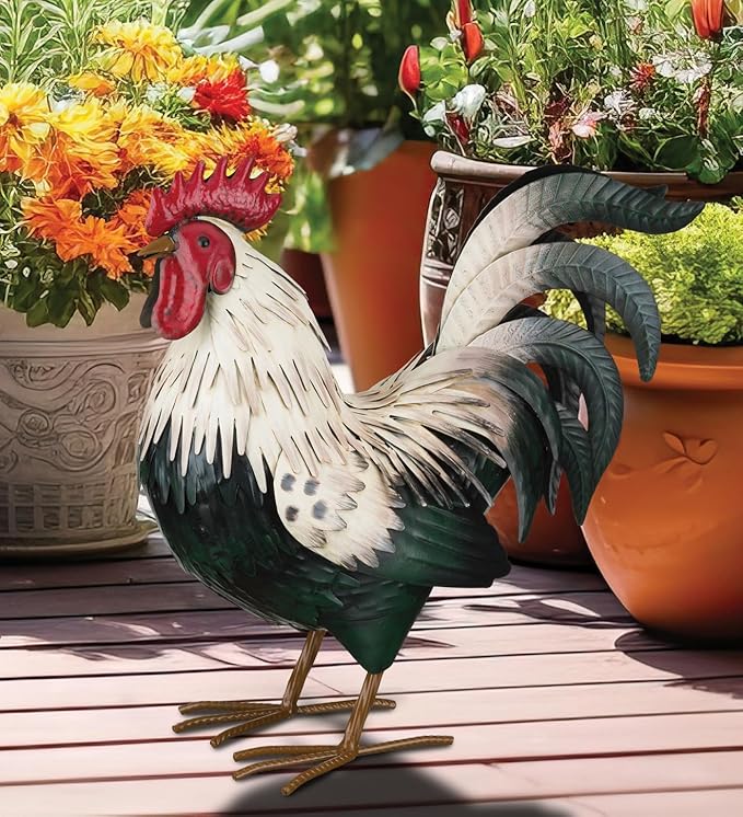Regal Art & Gift Handcrafted Metal Rooster Statue, Weather-Resistant Farmhouse Yard Art, Indoor/Outdoor Garden Sculpture, Detailed Feather Design, Decorative Bird for Home & Garden, Verde, 14" Height