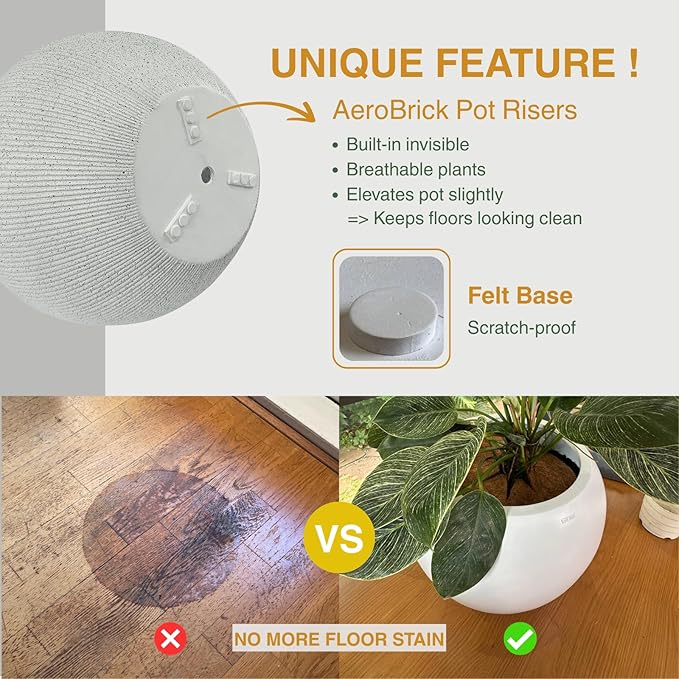 12.8"H x 16"D Globo Fiberstone Round Planter with Drainage Hole, Weather Resistant, Ribbed Finish, Planters for Indoor Plants & Outdoor, 2 Extra Coco Mats (Speckled White, 10.7" Pot Opening)