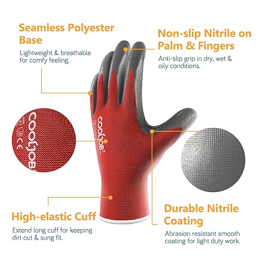 COOLJOB 10 Pairs Nitrile Dipped Safety Work Gloves with Grip, Non-slip Rubber Coated Bulk Garden Gloves for Men, Heavy-duty Oil Resistant for Truck Driver, Warehouse Box Handler, Medium, Red Blue